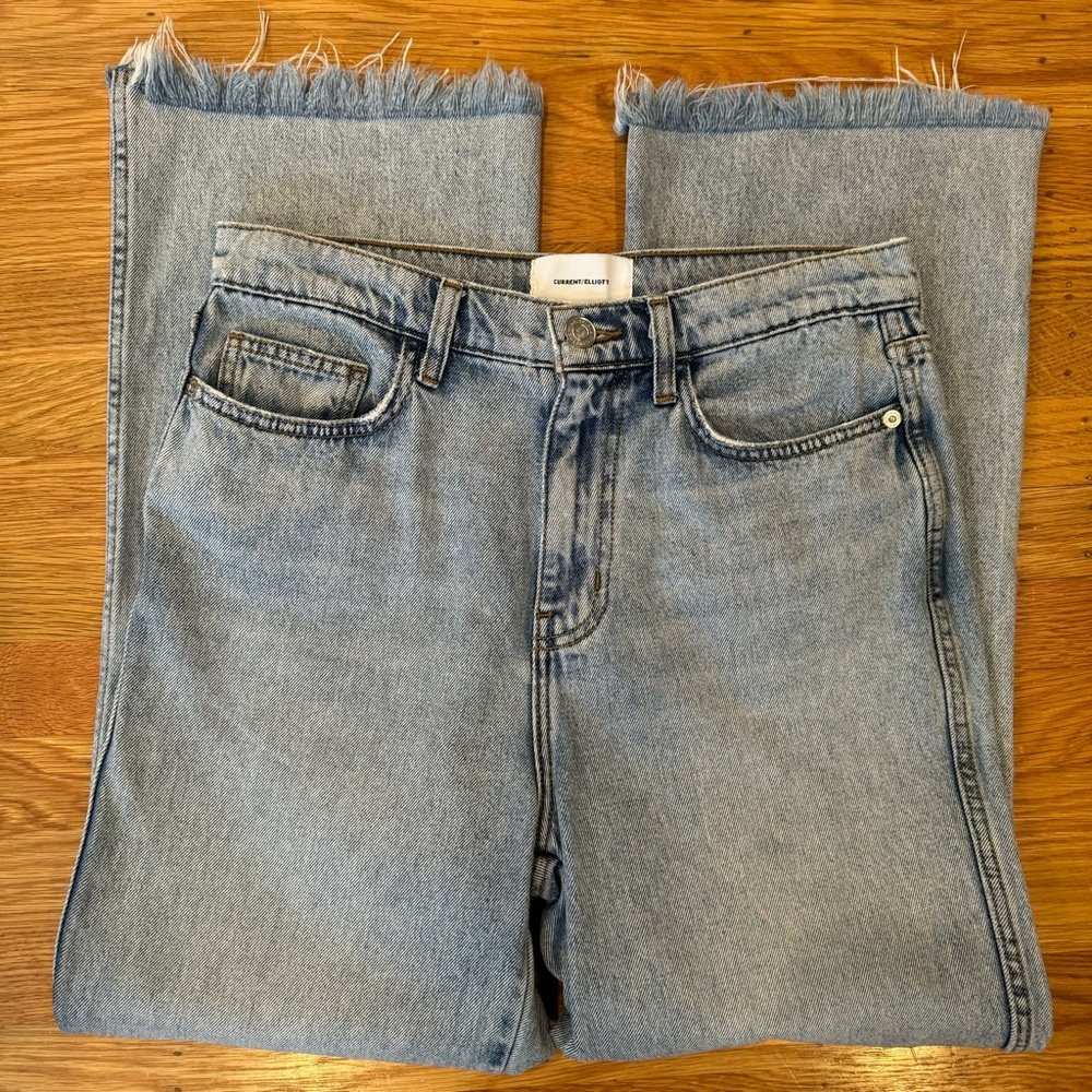 Current/Elliott Wide Leg Jean Raw Frayed Hem, High Waist, Sz 28